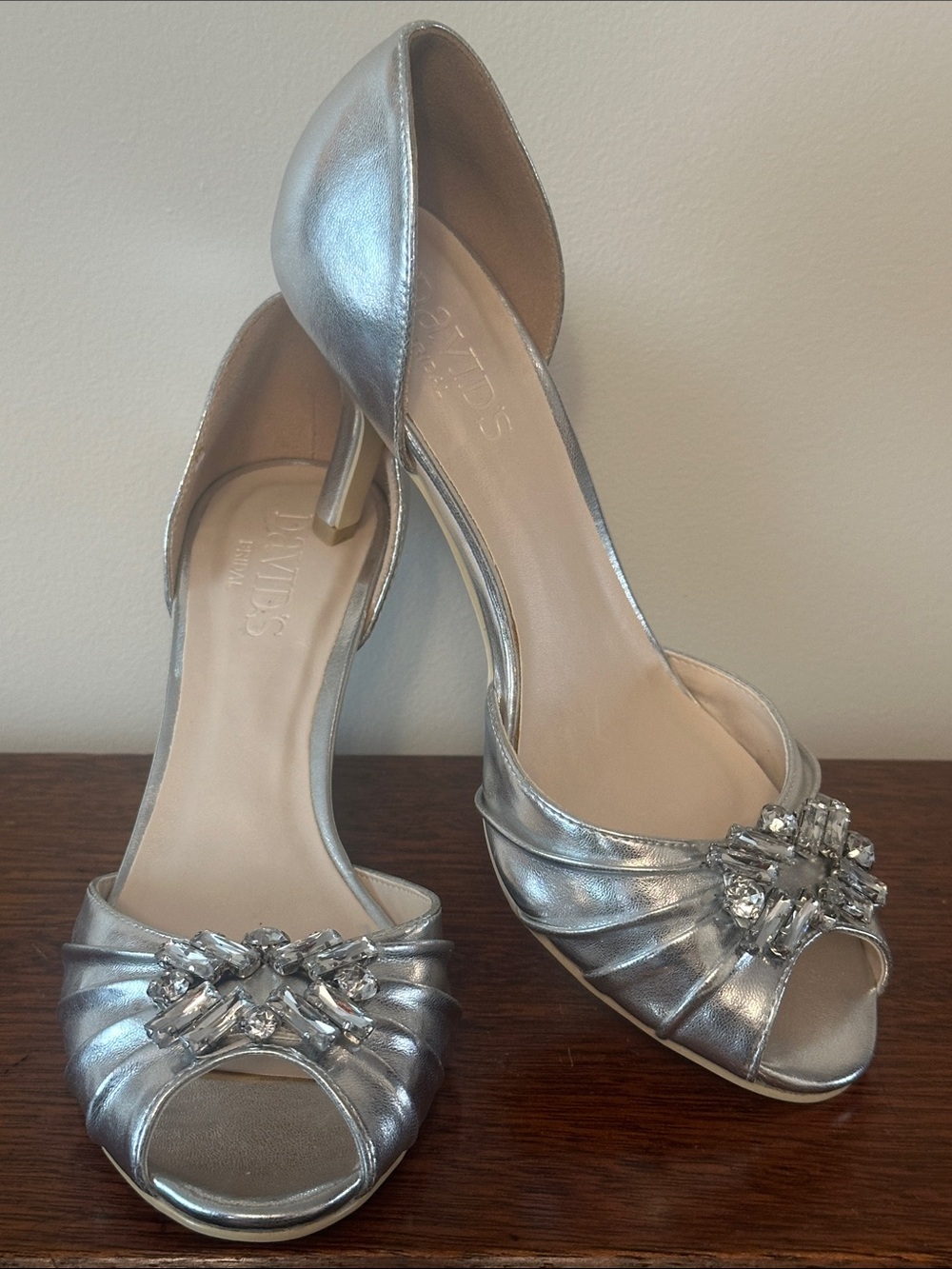 David's Bridal Silver D'Orsay Peep-Toe Heels with Crystal Accent